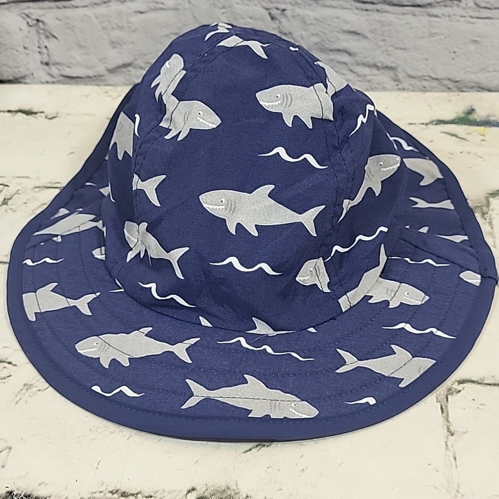 Pottery Barn Baby Size 12 Months Navy Shark Print Reversible Sun Hat W/Neck Flap